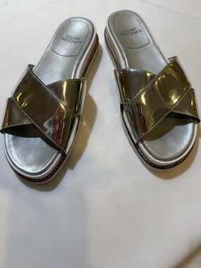 Stuart Weitzman Metallic Silver Cross-Strap Slides EUC SZ 9.5M
